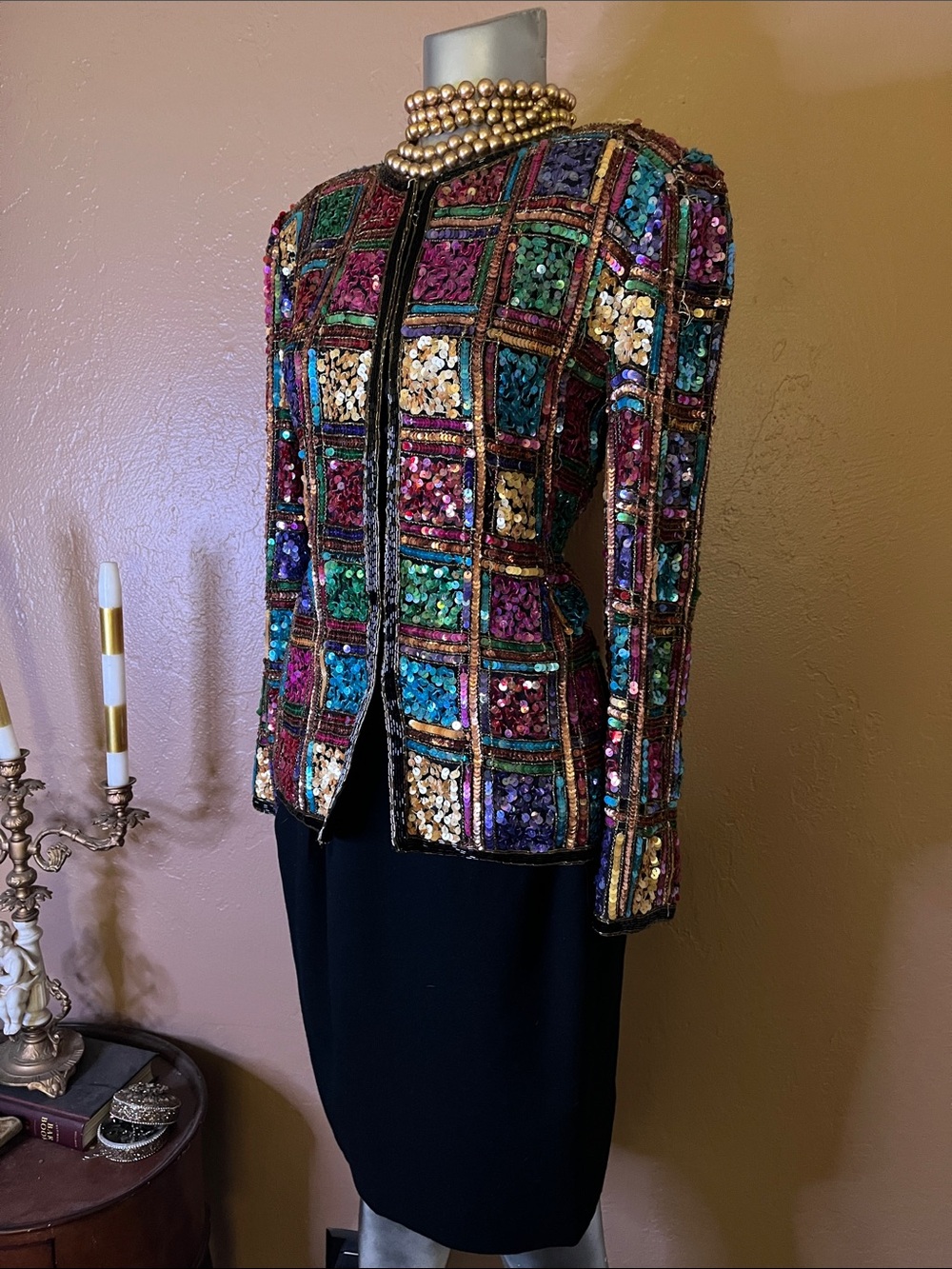 Vintage Laurence Kazar Silk Multicolor Sequin Patchwork Blazer.  Sz M